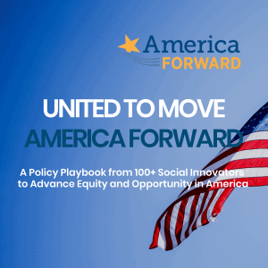 Cover of United to Move America forward playbook. Blue blckground with American flag.
