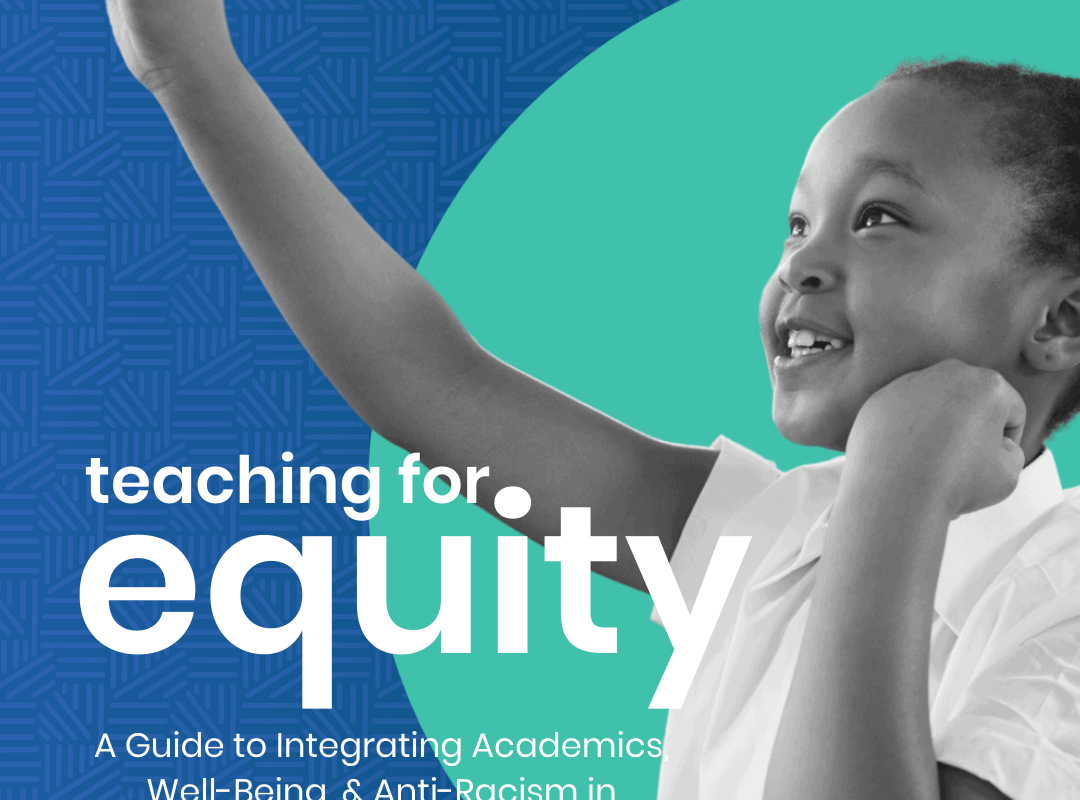 girl in black and white with raised hand; teal circle and blue pattern behind her with text "teaching for equity"