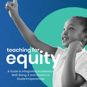 girl in black and white with raised hand; teal circle and blue pattern behind her with text "teaching for equity"