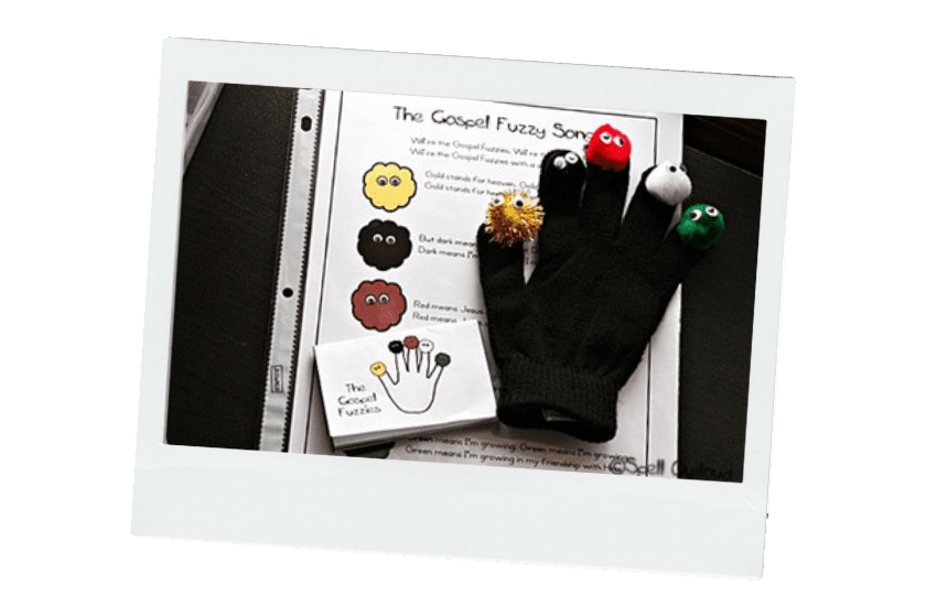 Photo of the gospel fuzzies assignment showing a glove with colored cotton balls