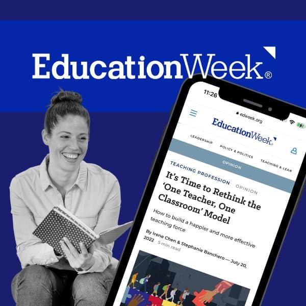 education week branding with blue background and a screenshot of a phone article