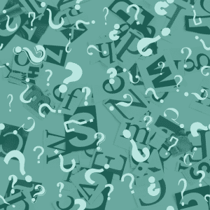 question marks overlaid on letters in green